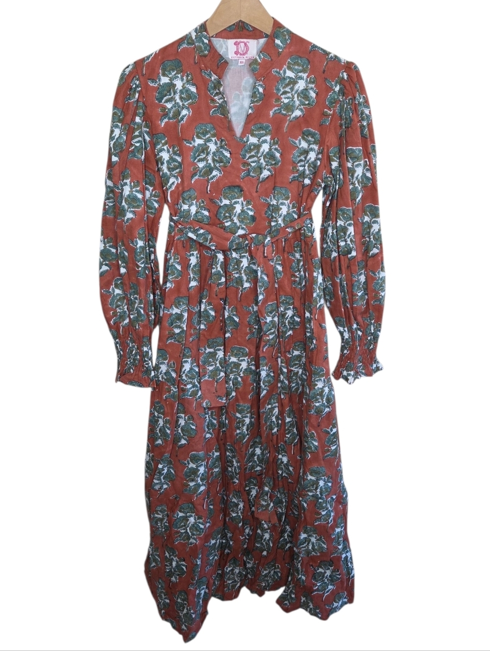 Victoria Dunn Rust Brown & Green Print Long Sleeve Midi Dress Size XS Southern